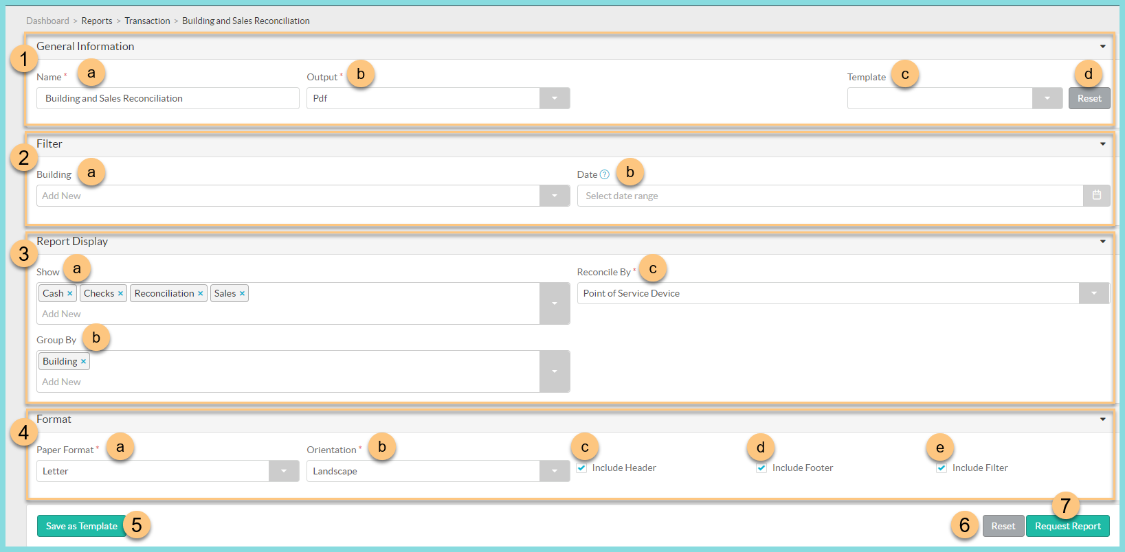 Screenshot of the Building and Sales Reconciliation Report configuration screen as described on this page.